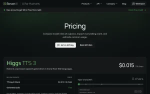 Boson AI (Higgs voice models) pricing page with plans and prices — screenshot of the audio & voice AI tool, 2026-10-01