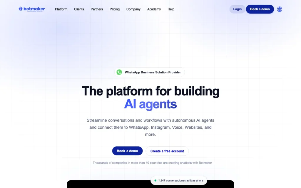 Botmaker homepage screenshot, chat assistants AI tool