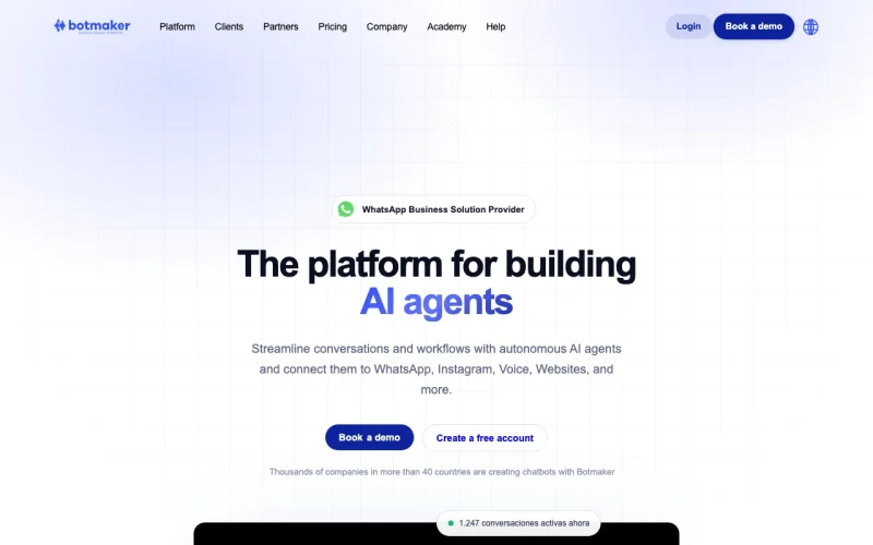 Botmaker homepage screenshot, chat assistants AI tool
