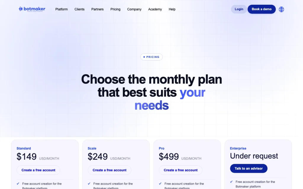 Botmaker pricing page with plans and prices — screenshot of the chat assistants AI tool, Oct 1, 2026