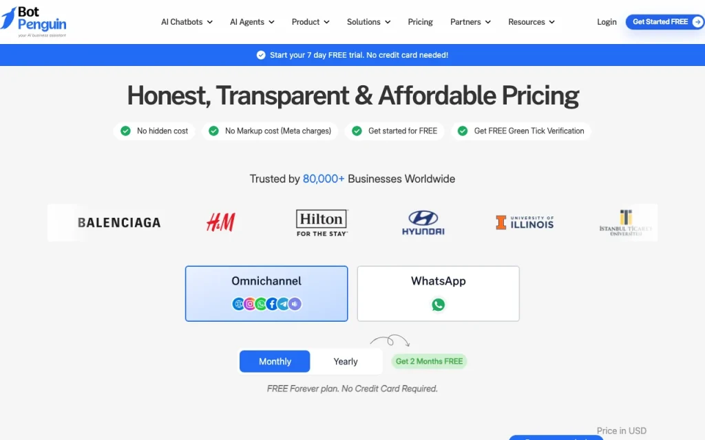 BotPenguin pricing page with plans and prices — screenshot of the chat assistants AI tool, Oct 1, 2026
