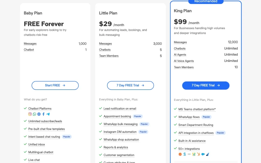 BotPenguin pricing page with plans and prices — screenshot of the chat assistants AI tool, Oct 1, 2026
