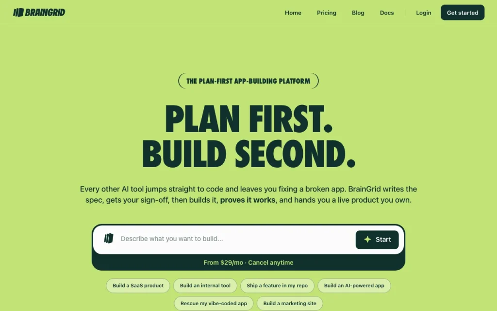 BrainGrid Startseite – Screenshot des KI-Tools coding, Oct 2, 2026