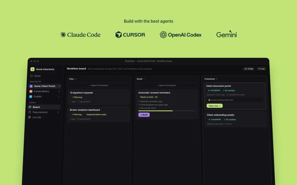 BrainGrid homepage — screenshot of the coding AI tool, Oct 2, 2026