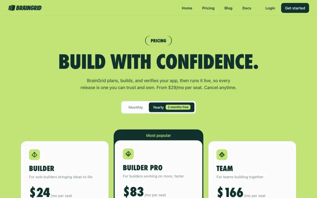 BrainGrid pricing page with plans and prices — screenshot of the coding AI tool, Oct 2, 2026