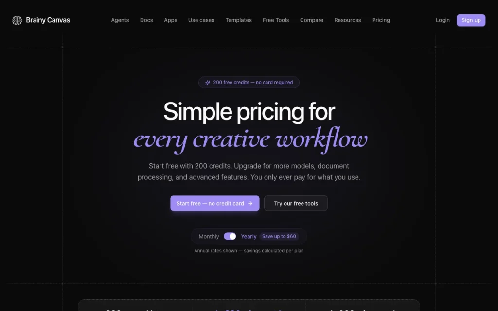 Brainy Canvas pricing page with plans and prices — screenshot of the video AI tool, Oct 1, 2026