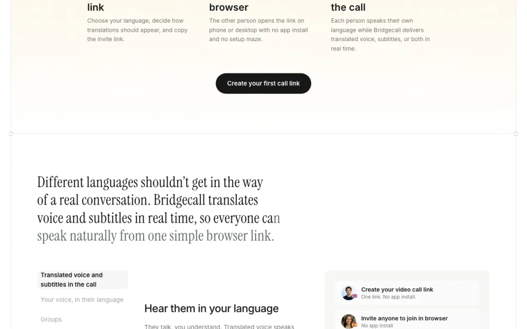 Bridgecall page d'accueil — capture d'écran de l'outil d'IA audio et voix, Oct 2, 2026