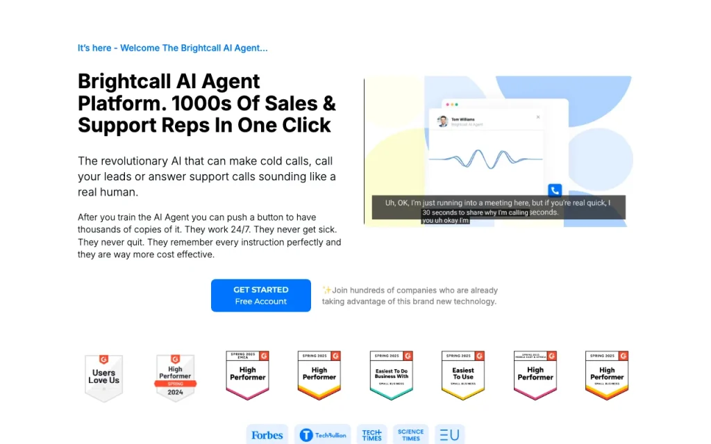 Brightcall.ai homepage — screenshot of the productivity & writing AI tool, Oct 2, 2026