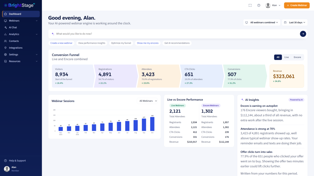 BrightStage AI homepage screenshot, productivity & writing AI tool