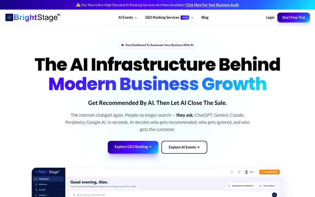 BrightStage AI homepage — screenshot of the productivity & writing AI tool, Oct 2, 2026