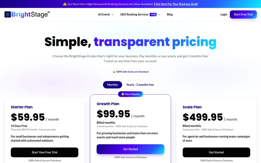 BrightStage AI pricing page with plans and prices — screenshot of the productivity & writing AI tool, Oct 2, 2026