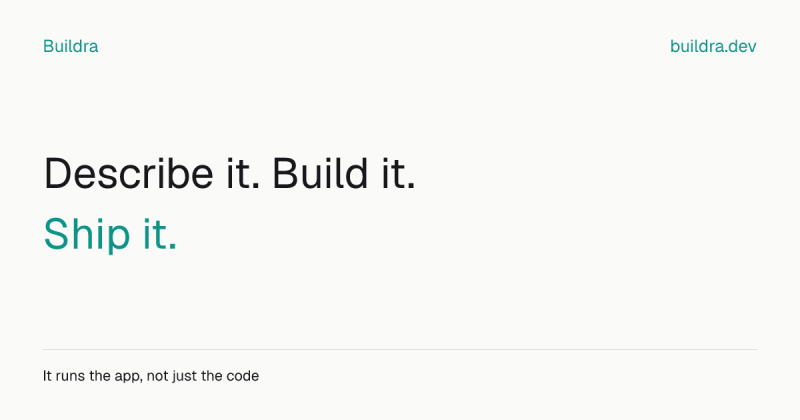 Buildra homepage screenshot, coding AI tool