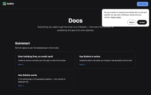Buildra docs page homepage screenshot, coding AI tool