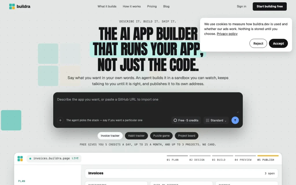 Buildra Startseite – Screenshot des KI-Tools coding, Oct 1, 2026