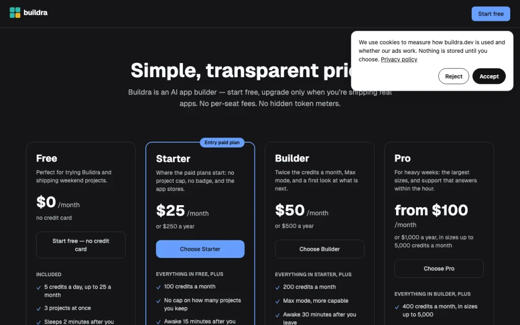 Buildra página de precios con planes y precios — captura de pantalla de la herramienta de IA programación, Oct 1, 2026