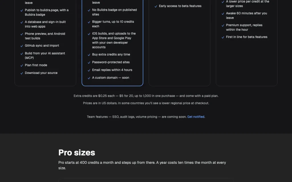 Buildra Preisseite mit Tarifen und Preisen – Screenshot des KI-Tools coding, Oct 1, 2026