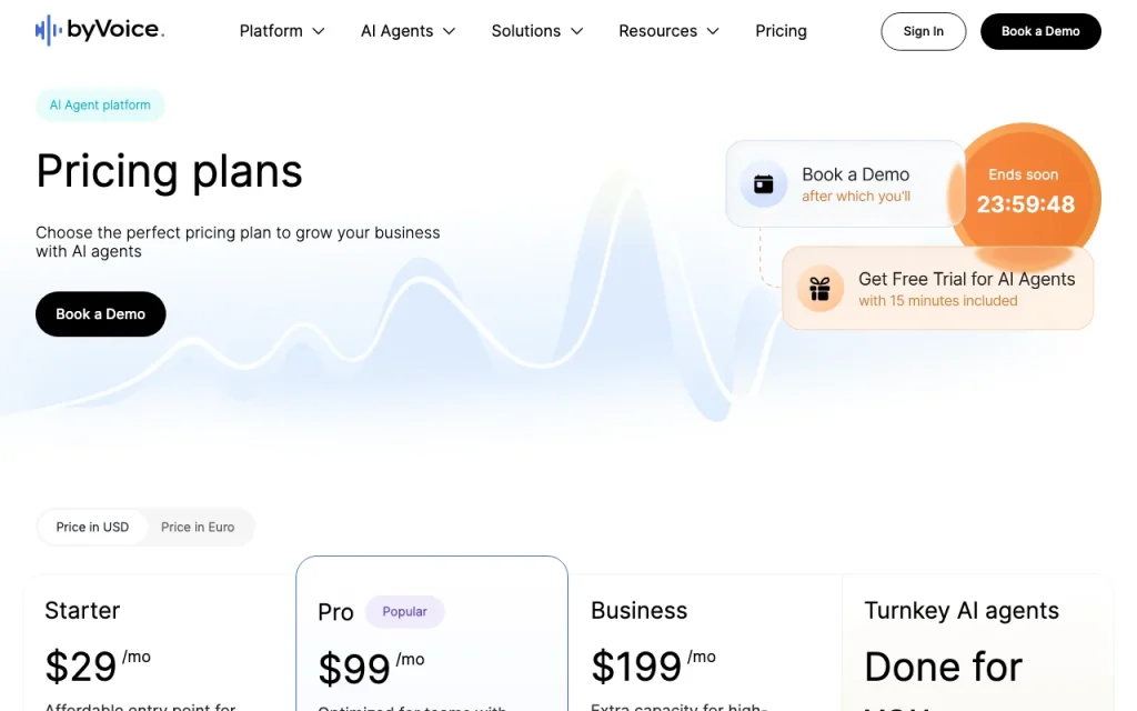 byVoice pricing page with plans and prices — screenshot of the audio & voice AI tool, Oct 2, 2026