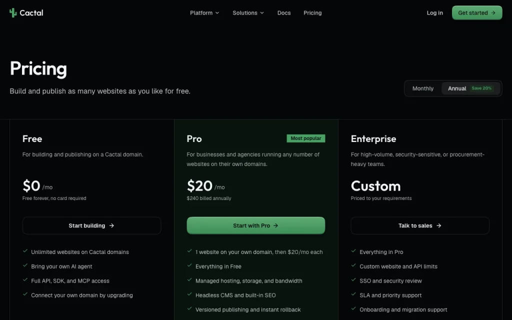 Cactal pricing page with plans and prices — screenshot of the coding AI tool, Oct 1, 2026