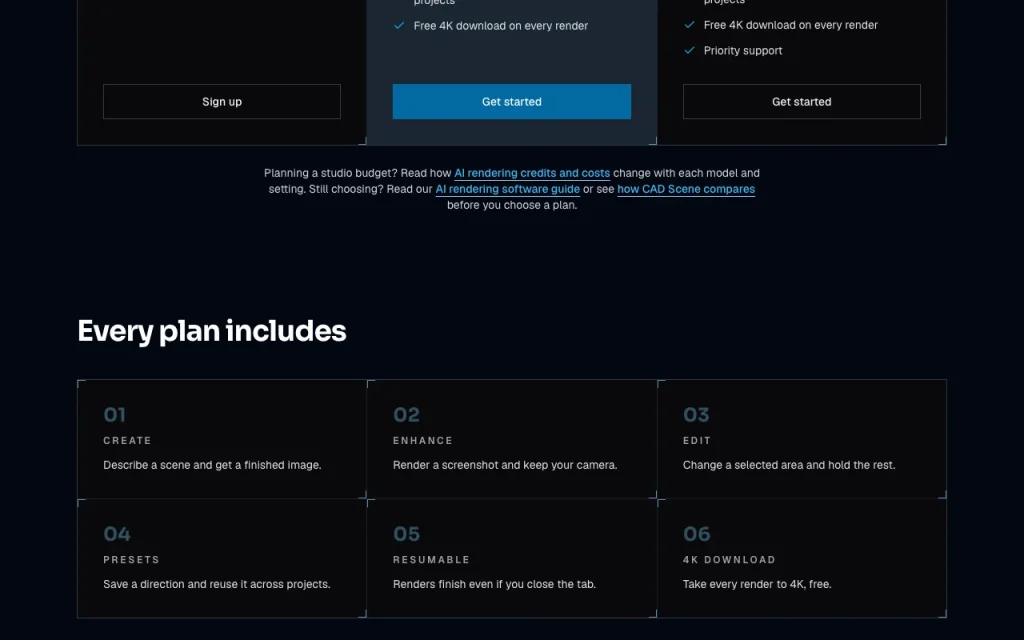 CAD Scene pricing page with plans and prices — screenshot of the image generation AI tool, Oct 1, 2026