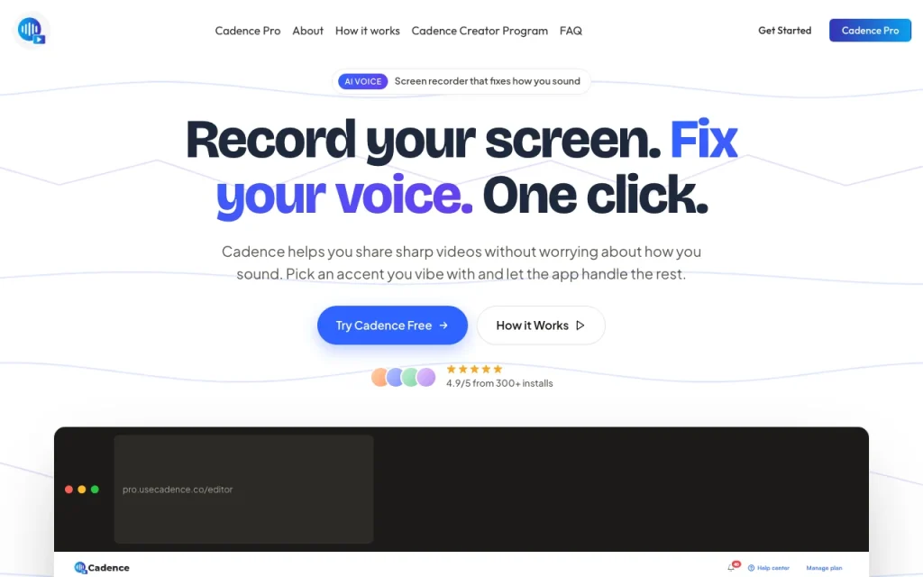 Captura de la página de inicio de Cadence, herramienta de IA audio y voz