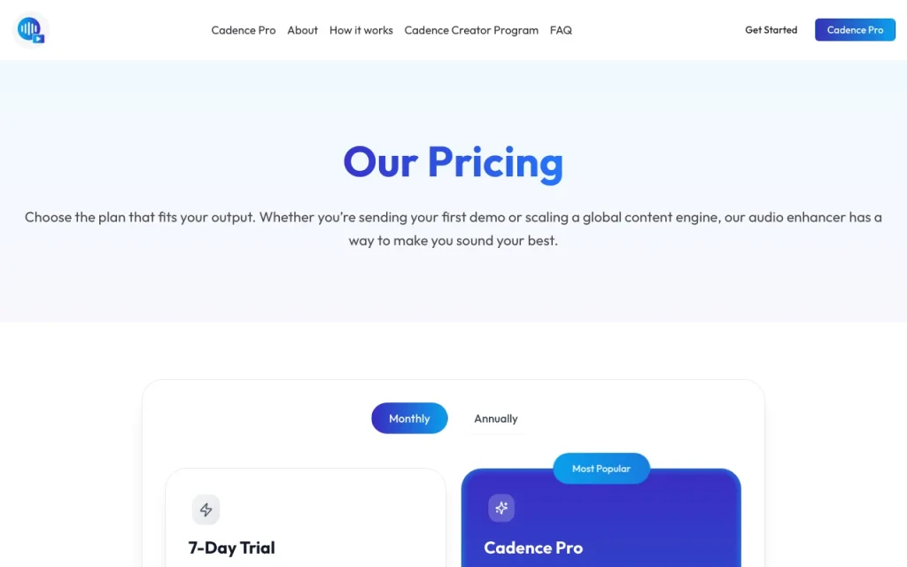 Cadence página de precios con planes y precios — captura de pantalla de la herramienta de IA audio y voz, Oct 2, 2026