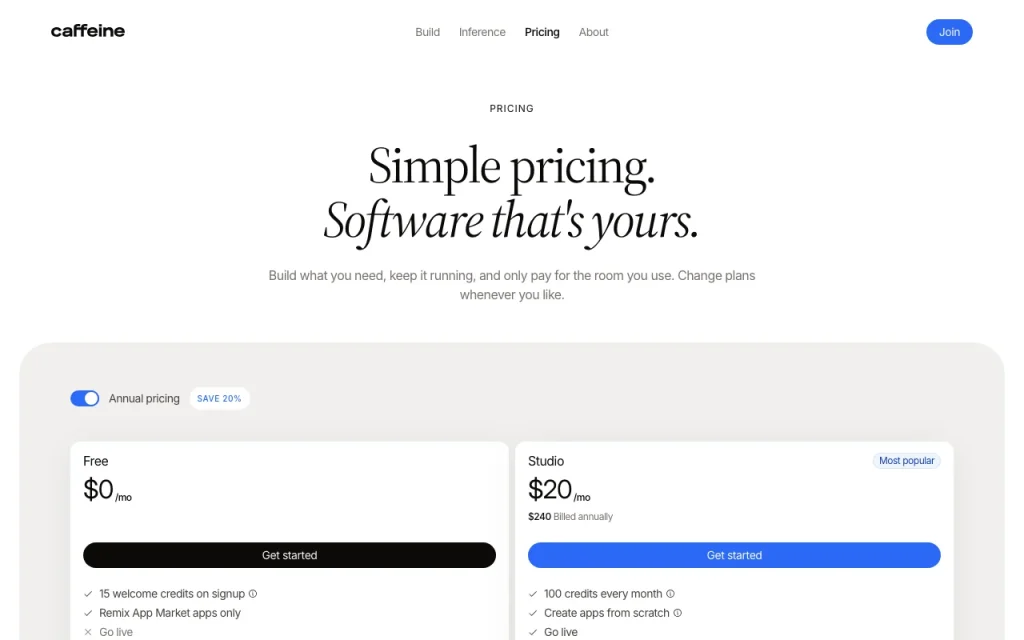 Caffeine pricing page with plans and prices — screenshot of the coding AI tool, Oct 2, 2026