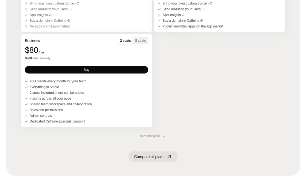 Caffeine pricing page with plans and prices — screenshot of the coding AI tool, Oct 2, 2026
