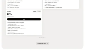 Caffeine pricing page with plans and prices — screenshot of the coding AI tool, 2026-10-02
