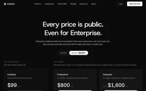 Calven pricing page with plans and prices — screenshot of the productivity & writing AI tool, 2026-10-02