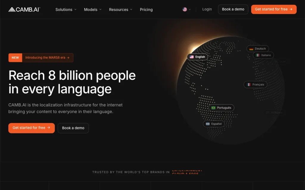 CAMB.AI homepage — screenshot of the audio & voice AI tool, Oct 2, 2026