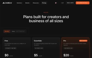 CAMB.AI pricing page with plans and prices — screenshot of the audio & voice AI tool, 2026-10-02