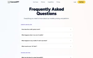 CanvasGPT FAQ page — screenshot of the productivity & writing AI tool, 2026-10-02