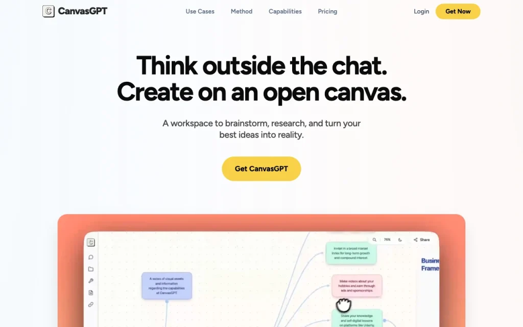 CanvasGPT homepage screenshot, productivity & writing AI tool