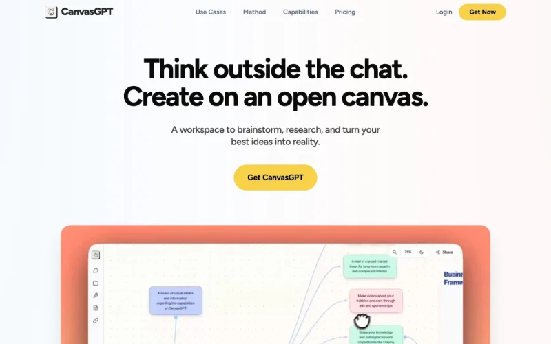 Capture d'écran de la page d'accueil de CanvasGPT, outil d'IA productivité et rédaction