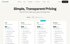 Canvora pricing page with plans and prices — screenshot of the image generation AI tool, 2026-10-02