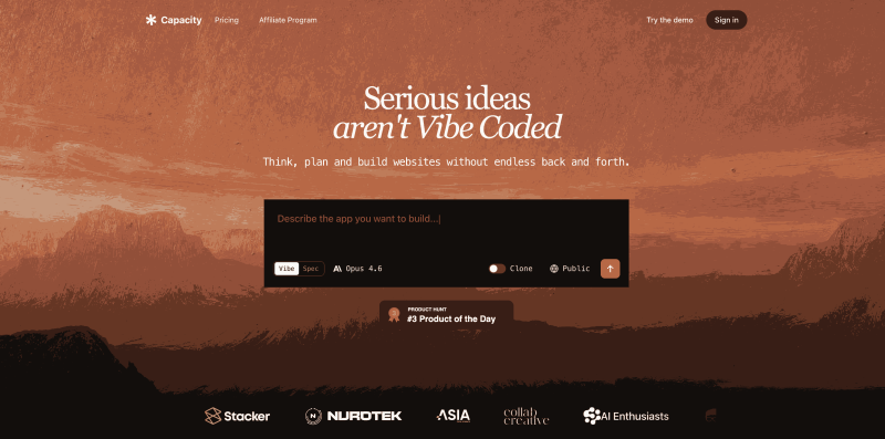 Capacity homepage screenshot, coding AI tool