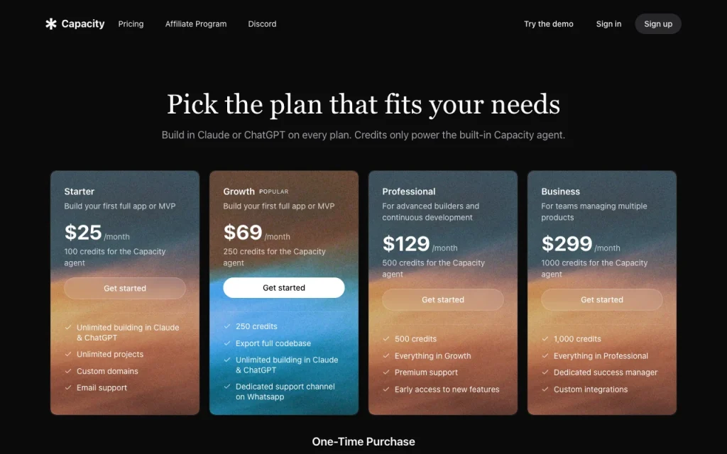 Capacity pricing page with plans and prices — screenshot of the coding AI tool, Oct 1, 2026