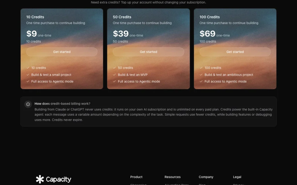 Capacity pricing page with plans and prices — screenshot of the coding AI tool, Oct 1, 2026