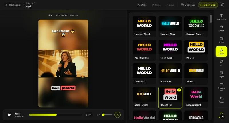 CaptionBolt homepage screenshot, video AI tool