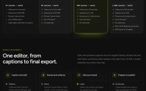 CaptionBolt pricing page with plans and prices — screenshot of the video AI tool, 2026-10-01