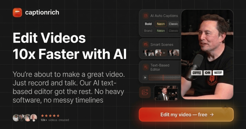 captionrich homepage screenshot, video AI tool