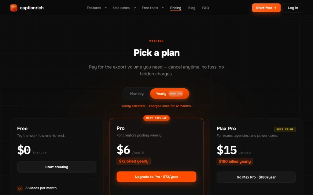 captionrich pricing page with plans and prices — screenshot of the video AI tool, Oct 1, 2026