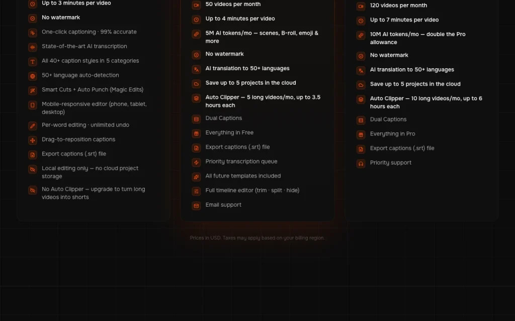 captionrich pricing page with plans and prices — screenshot of the video AI tool, Oct 1, 2026