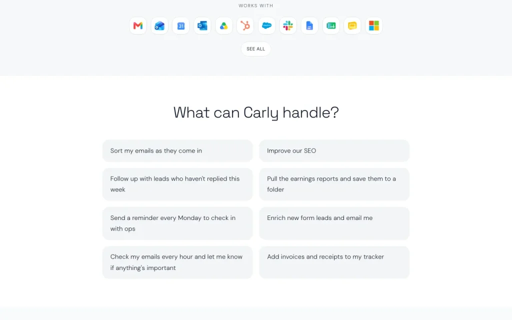 Carly (formerly CalBot) homepage — screenshot of the productivity & writing AI tool, Oct 1, 2026