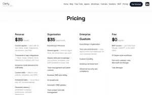 Carly (formerly CalBot) pricing page with plans and prices — screenshot of the productivity & writing AI tool, 2026-10-01
