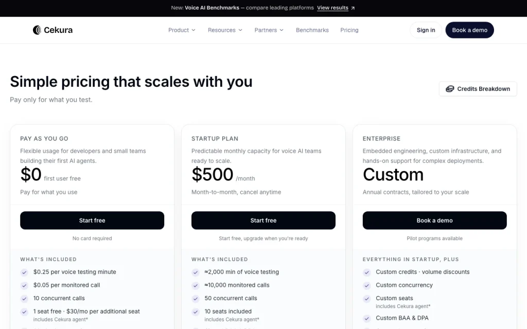 Cekura pricing page with plans and prices — screenshot of the coding AI tool, Oct 2, 2026
