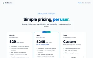 CellSource pricing page with plans and prices — screenshot of the productivity & writing AI tool, 2026-10-02