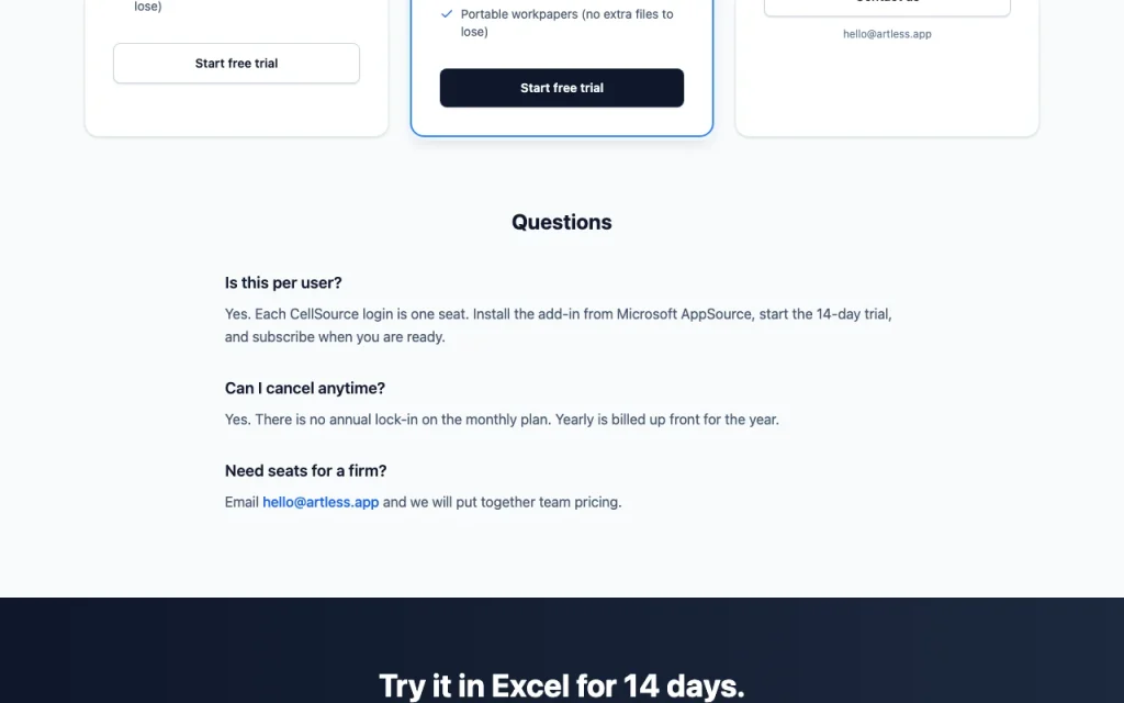 CellSource pricing page with plans and prices — screenshot of the productivity & writing AI tool, Oct 2, 2026