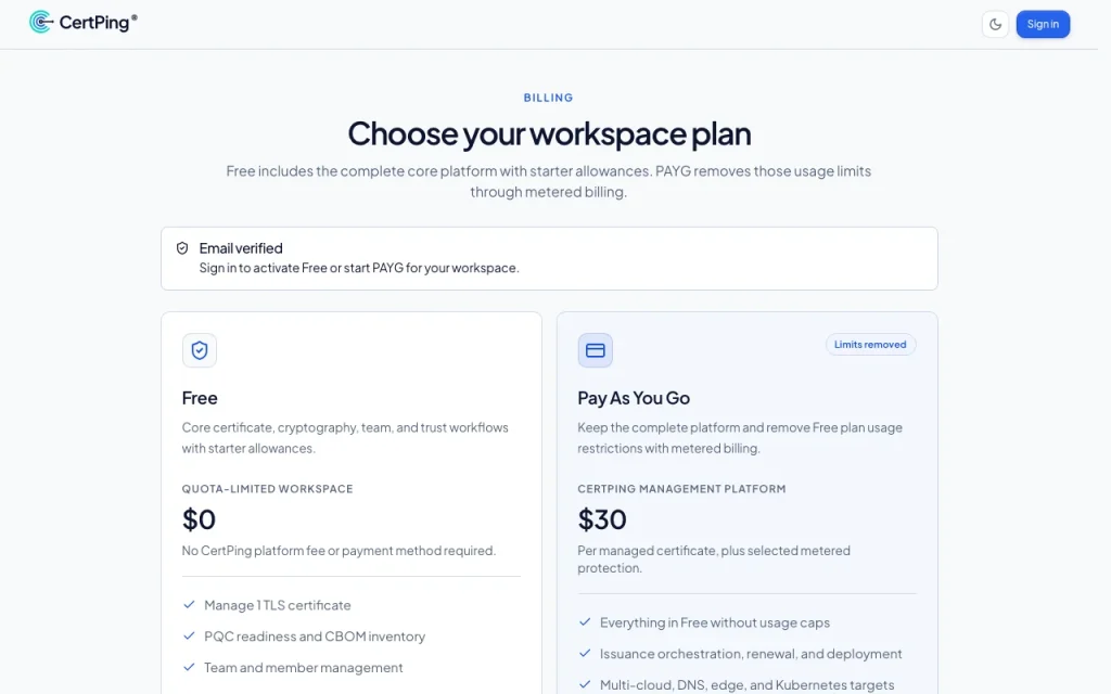 CertPing pricing page with plans and prices — screenshot of the productivity & writing AI tool, Oct 2, 2026