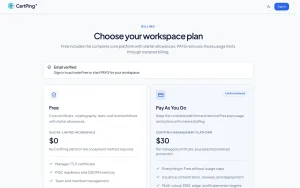 CertPing pricing page with plans and prices — screenshot of the productivity & writing AI tool, 2026-10-02
